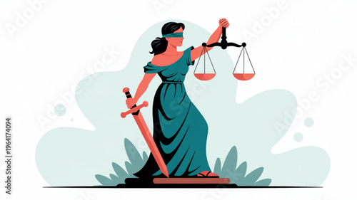 Justitia the goddess of justice holding scales and sword in hand standing on pedestal