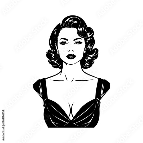 Logotipo boutique de moda. Dibujo con líneas de la cabeza de una mujer con peinado y ropa estilo vintage 