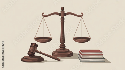 Law and order concept with wooden judge gavel scales of justice and stack of law books on beige background