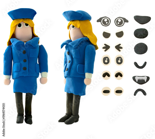 Handmade clay policewoman character with multiple facial expressions, isolated on white background, ideal for animation, design, and creative projects.