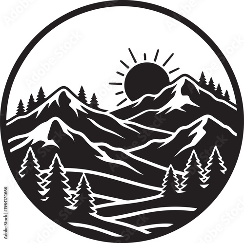 Sunrise over snow-capped mountains with trees in a circular landscape