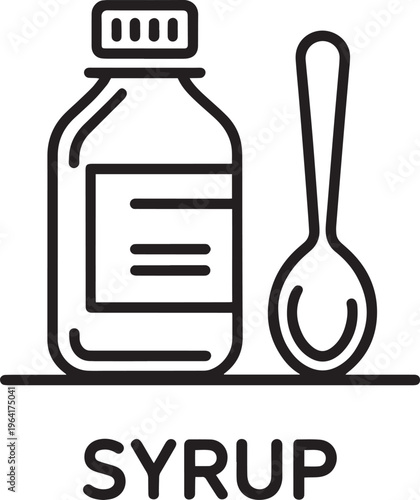 Line Art Illustration of Syrup Bottle and Spoon for Medicine or Drink