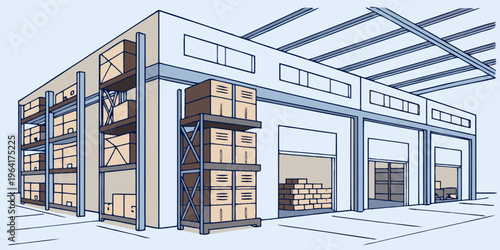Modern warehouse illustration flat vector style with a lot of cardboard on the rack