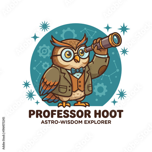This charming illustration features Professor Hoot, an owl character in a smart outfit with a telescope, embodying curiosity and knowledge of the universe, ideal for education.