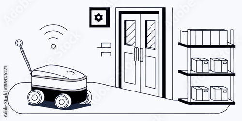 Modern warehouse autonomous deliver robot vector illustration featuring in simple vector style