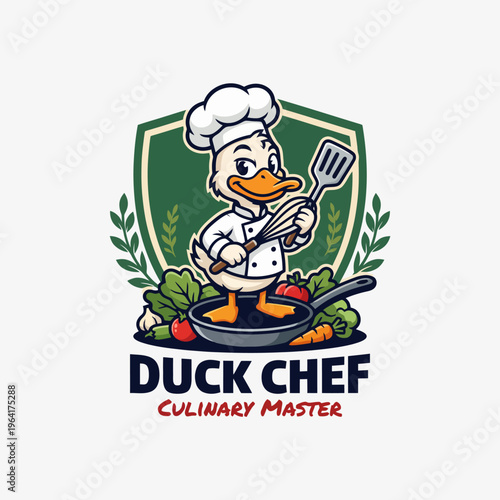This delightful illustration features a cheerful duck chef wearing a traditional outfit, holding a spatula, and ready to cook, bringing joy to culinary-themed designs and projects.