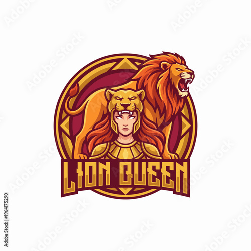 A captivating Lion Queen is depicted alongside a roaring lion, representing strength, power, and femininity in a regal and vibrant art style that draws the eye.