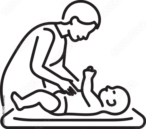 Parent Changing Baby Diaper Line Art Illustration