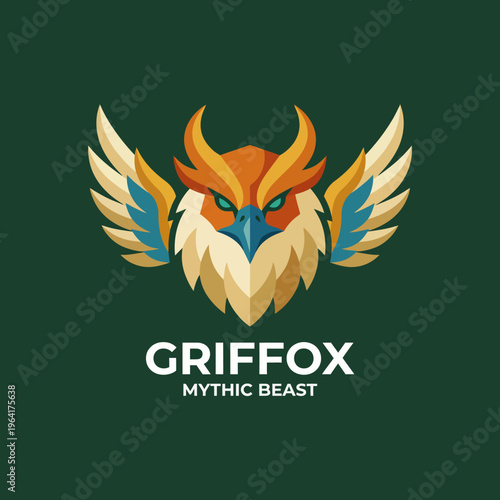 An imaginative griffin logo featuring striking colors and intricate details. The mythical creature exudes wisdom and strength, ideal for branding or artistic ventures.