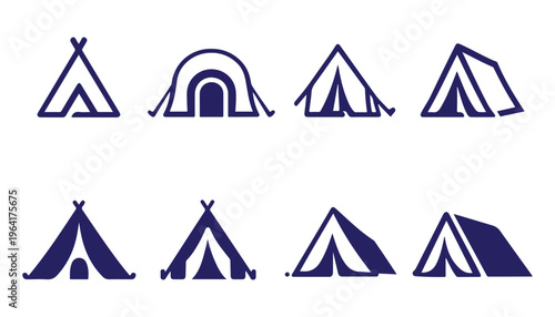 Camping Tent Icon Set, Outdoor Shelter Symbols, Adventure Camping Line Icons Collection