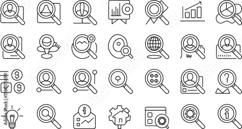Set of Search and Analysis Icons with Magnifying Glass and Data Visualizations
