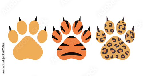 Tiger and leopard paw print illustration with fur pattern and sharp claws for wild animal theme art