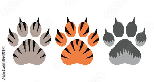 Striped tiger paw prints vector set with sharp claws and fur texture for jungle wildlife illustration