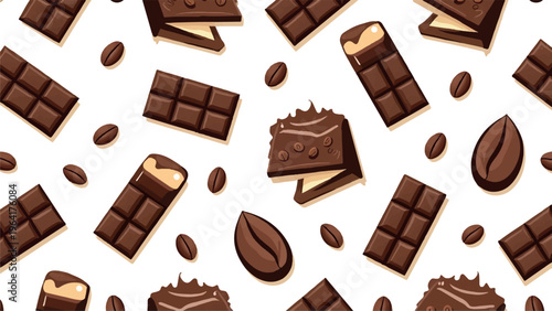 Chocolate bars, brown candy pieces, cocoa beans, sweet treats, dessert elements