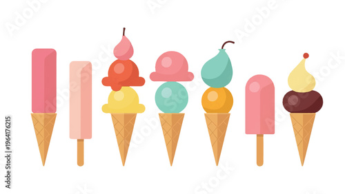 Colorful ice cream cones and popsicles, sweet treats, dessert icons, vector illustrations