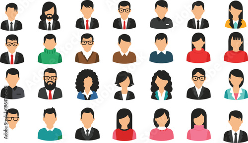 Large collection of diverse flat avatar icons featuring various businessmen and businesswomen in professional office attire isolated on white background for corporate website design