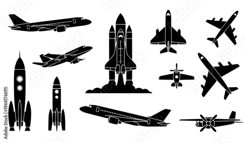 Rocket and Airplane Vector Illustration Set – Space and Aviation Collection