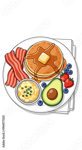 A delicious and hearty breakfast spread featuring fluffy pancakes, crispy bacon, scrambled eggs, fresh avocado, and berries.