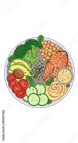 A vibrant and healthy salmon poke bowl filled with fresh ingredients like avocado, tomatoes, cucumber, broccoli, chickpeas, and hummus.