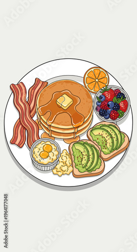 A delicious and hearty breakfast spread featuring fluffy pancakes, crispy bacon, scrambled eggs, avocado toast, and fresh berries.