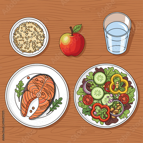 A healthy and balanced meal featuring salmon, fresh salad, quinoa, an apple, and a glass of water on a wooden table.