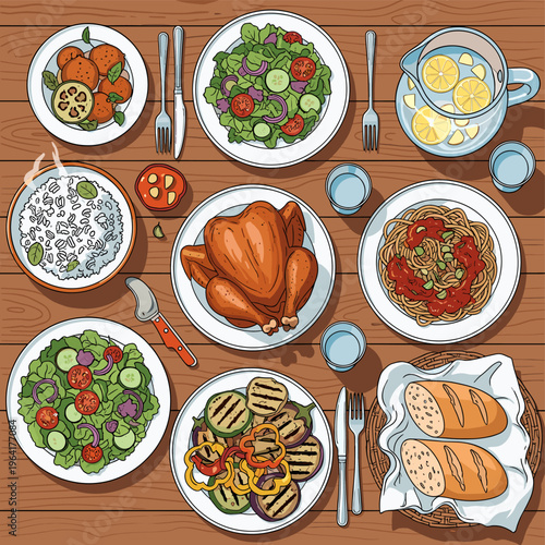 Overhead view of a lavish dinner spread on a wooden table featuring roasted chicken, salads, pasta, grilled vegetables, rice, fruit, bread, and lemonade.
