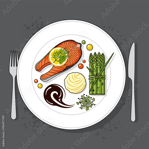 Top-down view of a gourmet salmon steak dinner with asparagus, mashed potatoes, lemon, and sauce on a white plate, accompanied by cutlery.