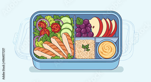 A healthy and balanced bento box lunch featuring grilled chicken, fresh salad, fruits, and grains, perfect for meal prep.