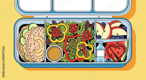 A vibrant blue bento box filled with a healthy and colorful lunch including a sandwich, salad, fruit, and a heart-shaped watermelon slice.