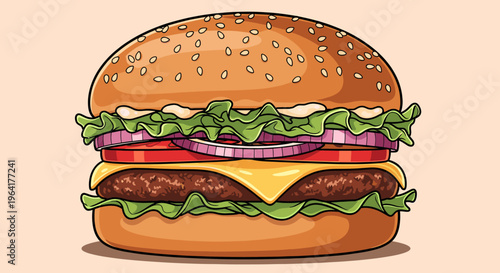 A vibrant and detailed cartoon illustration of a classic hamburger with all the fixings, including a sesame seed bun, beef patty, cheese, lettuce, tomato, and onion.