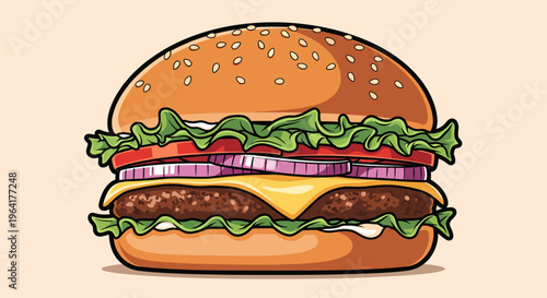 Classic hamburger with sesame seed bun, beef patty, cheese, lettuce, tomato, and red onion on a light background.