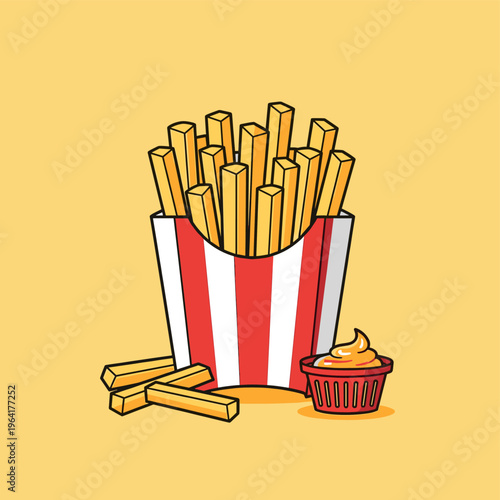 Cartoon illustration of crispy golden french fries in a striped box with dipping sauce on a yellow background.