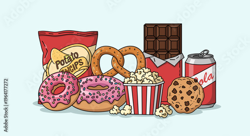 An illustration depicting a variety of popular snack foods including potato chips, donuts, a pretzel, chocolate, popcorn, a cookie, and a soda can.