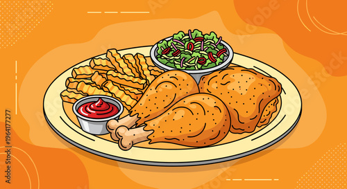 A vibrant cartoon illustration of a classic fried chicken meal with crispy french fries, fresh coleslaw, and a side of ketchup on a plate.