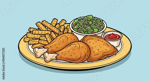 An illustration of a classic fried chicken meal with french fries, coleslaw, and ketchup served on a yellow plate against a light blue background.