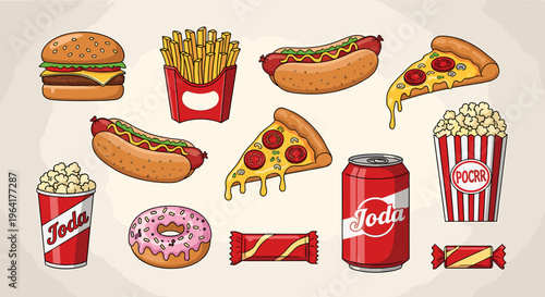 A vibrant cartoon illustration showcasing a variety of popular fast food items and snacks, including burgers, hot dogs, pizza slices, french fries, popcorn, soda cans, a donut, and candy bars.