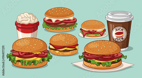 An illustration of various delicious burgers, a creamy milkshake, and a hot coffee cup, representing a classic fast-food meal.