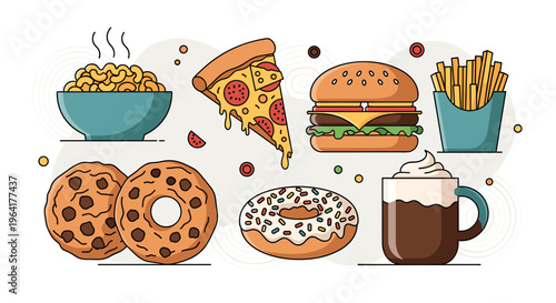 A vibrant illustration featuring a collection of popular fast food items and sweet treats, presented in a clean, modern flat design style.