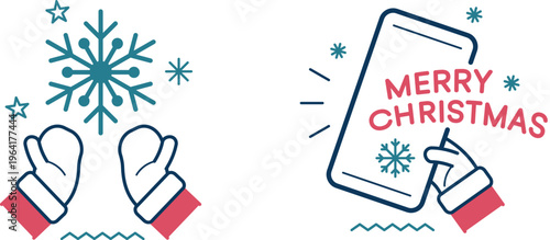 Festive holiday greeting with snowflakes and a mobile device showing merry christmas