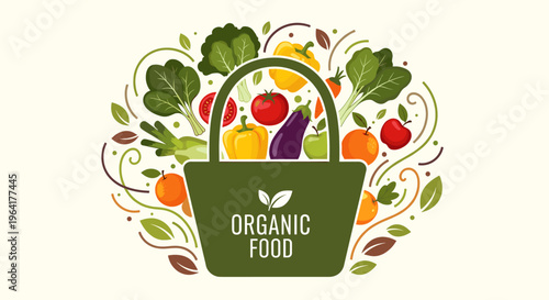A vibrant illustration of a green tote bag filled with fresh organic produce, surrounded by a decorative swirl of leaves and fruits, symbolizing healthy eating and natural ingredients.
