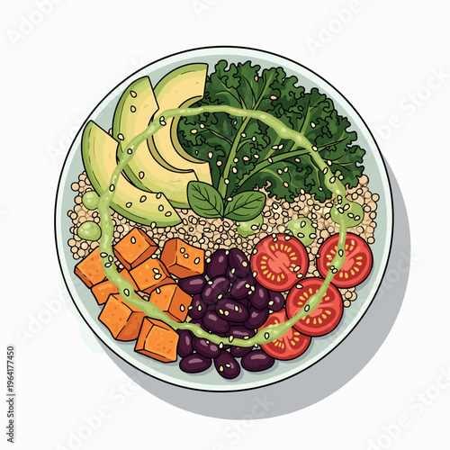 Vibrant and healthy vegan Buddha bowl featuring quinoa, kale, avocado, sweet potato, black beans, and cherry tomatoes, topped with a green dressing.