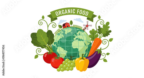 A vibrant illustration of the Earth surrounded by fresh organic fruits and vegetables, promoting healthy eating and sustainable agriculture.