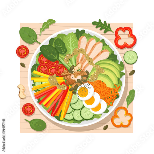 A vibrant and healthy salad bowl filled with fresh ingredients like chicken, avocado, eggs, and colorful vegetables, artfully arranged on a wooden surface.