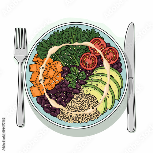Vibrant and healthy Buddha bowl with kale, sweet potato, black beans, quinoa, avocado, and tomatoes, drizzled with sauce, served with cutlery on a light blue plate.