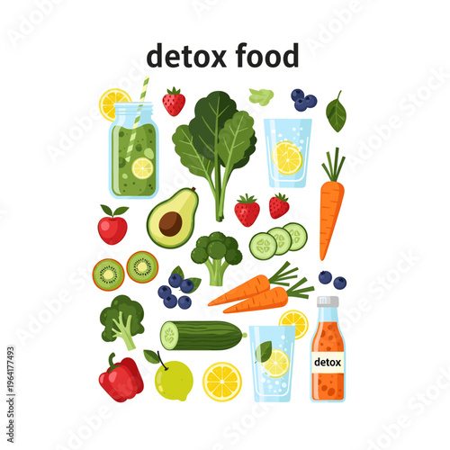 An assortment of fresh fruits, vegetables, and healthy drinks promoting a detox diet and clean eating lifestyle.