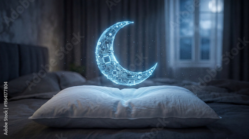 Glowing blue circuit crescent moon floating above white pillow, biohacking and deep sleep recovery concept.