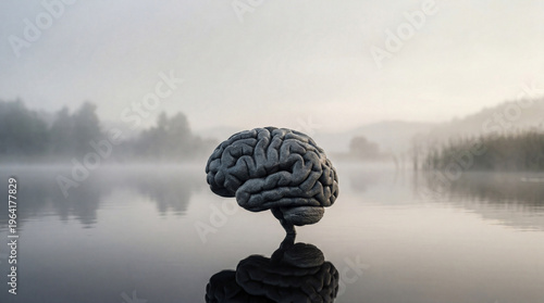 Zen river stones stacked in human brain shape on calm water surface, mental health and mindfulness concept.