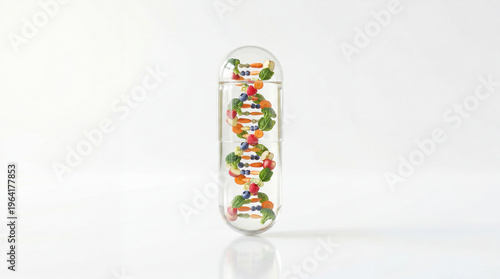 Transparent supplement capsule with miniature fruits and vegetables in DNA spiral shape, personalized nutrition concept.