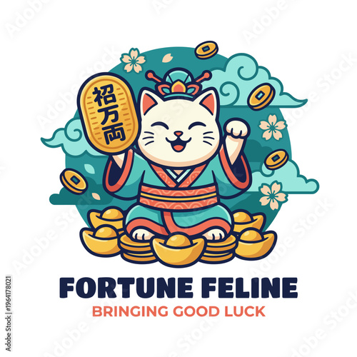 This cheerful illustration features a lucky cat holding a traditional sign amidst coins and flowers, symbolizing prosperity and good fortune in a charming, playful style.