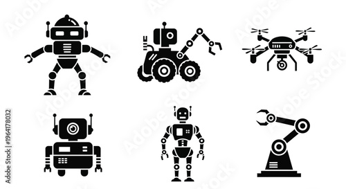Various robotic designs including drones and automatons black silhouette